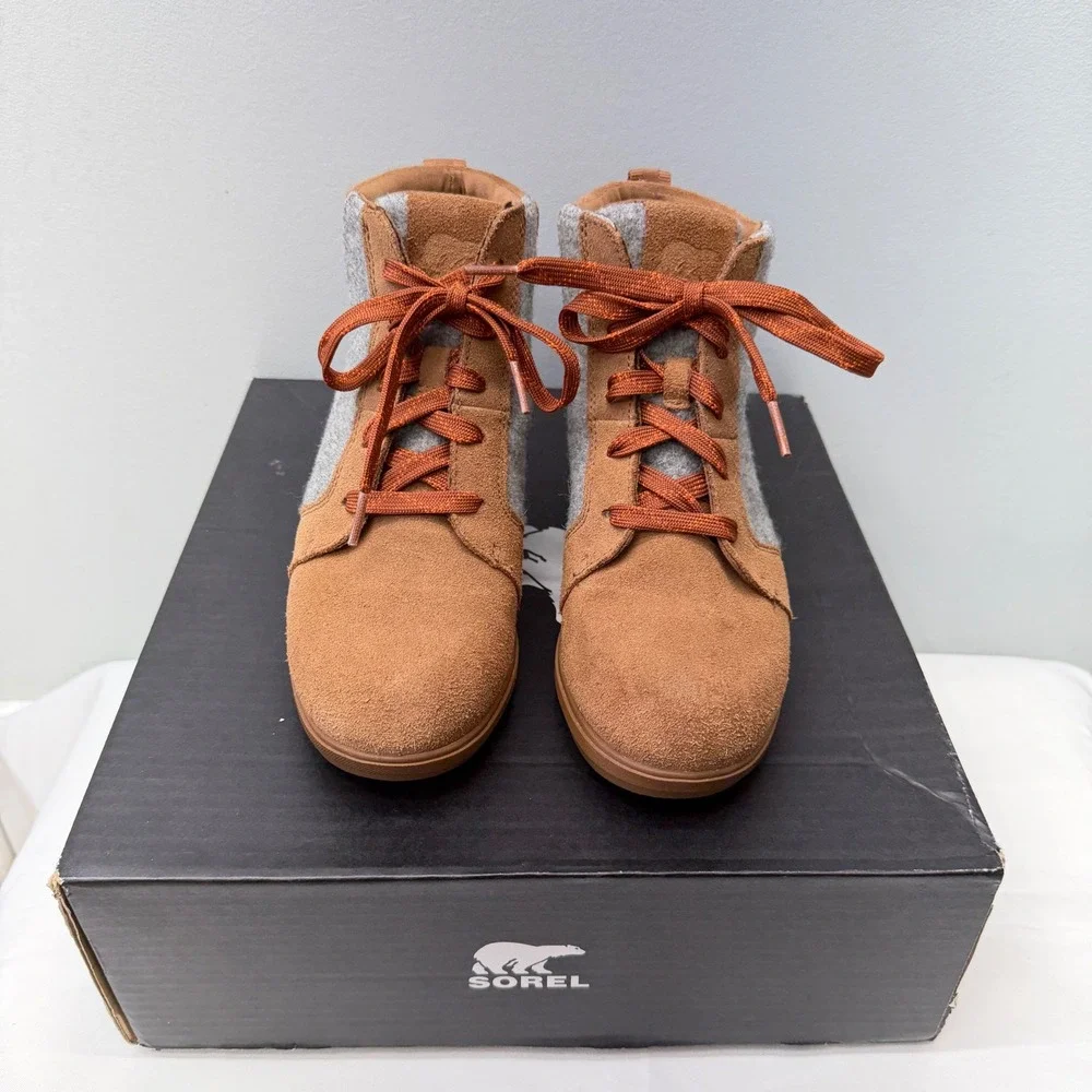 Sorel Evie Brown Suede Grey Felt Lace Up Wedge Ankle Booties Women's‎ 7